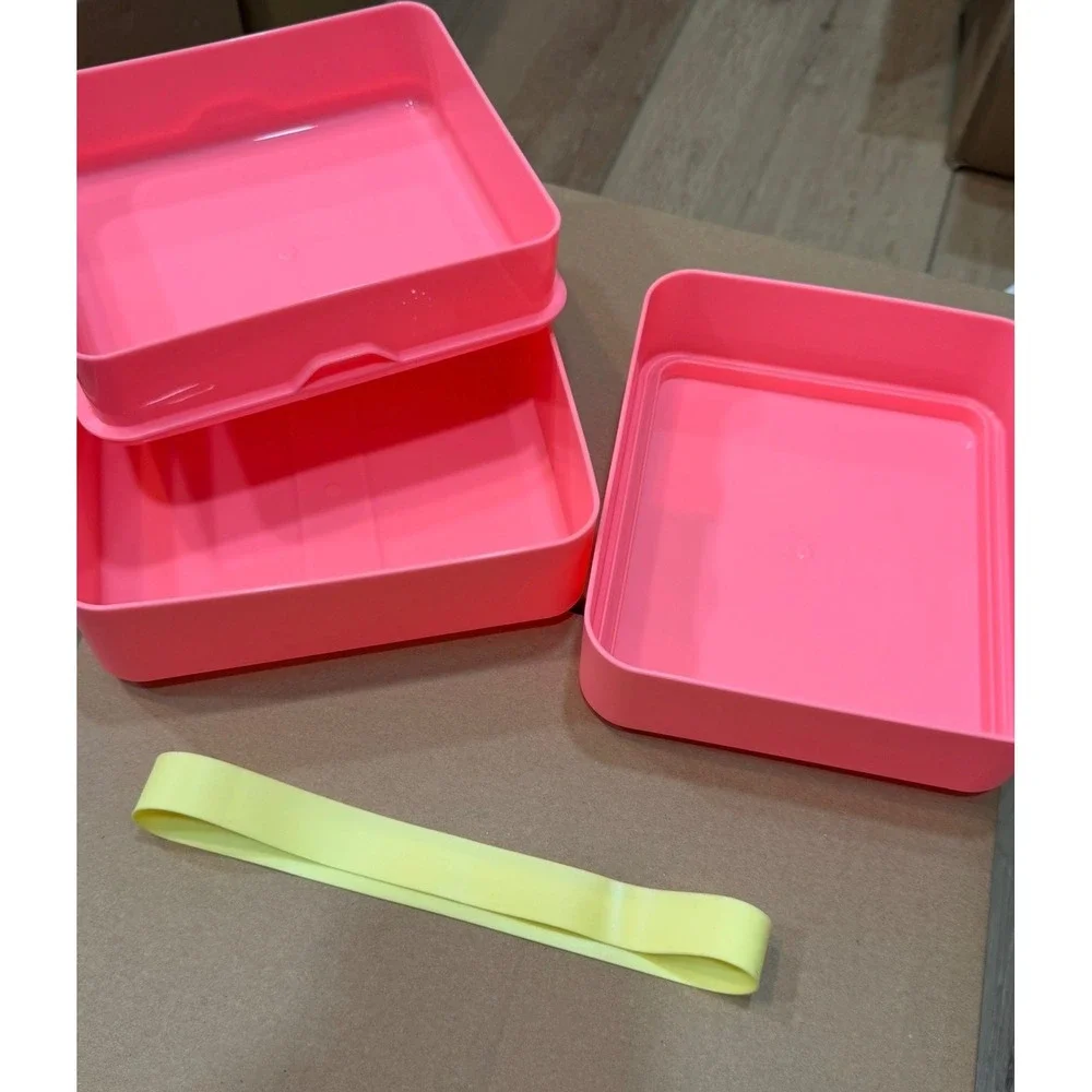 Sun Squad Pink Bento Box Two Tier Kids‎ Lunch Container with Yellow Strap